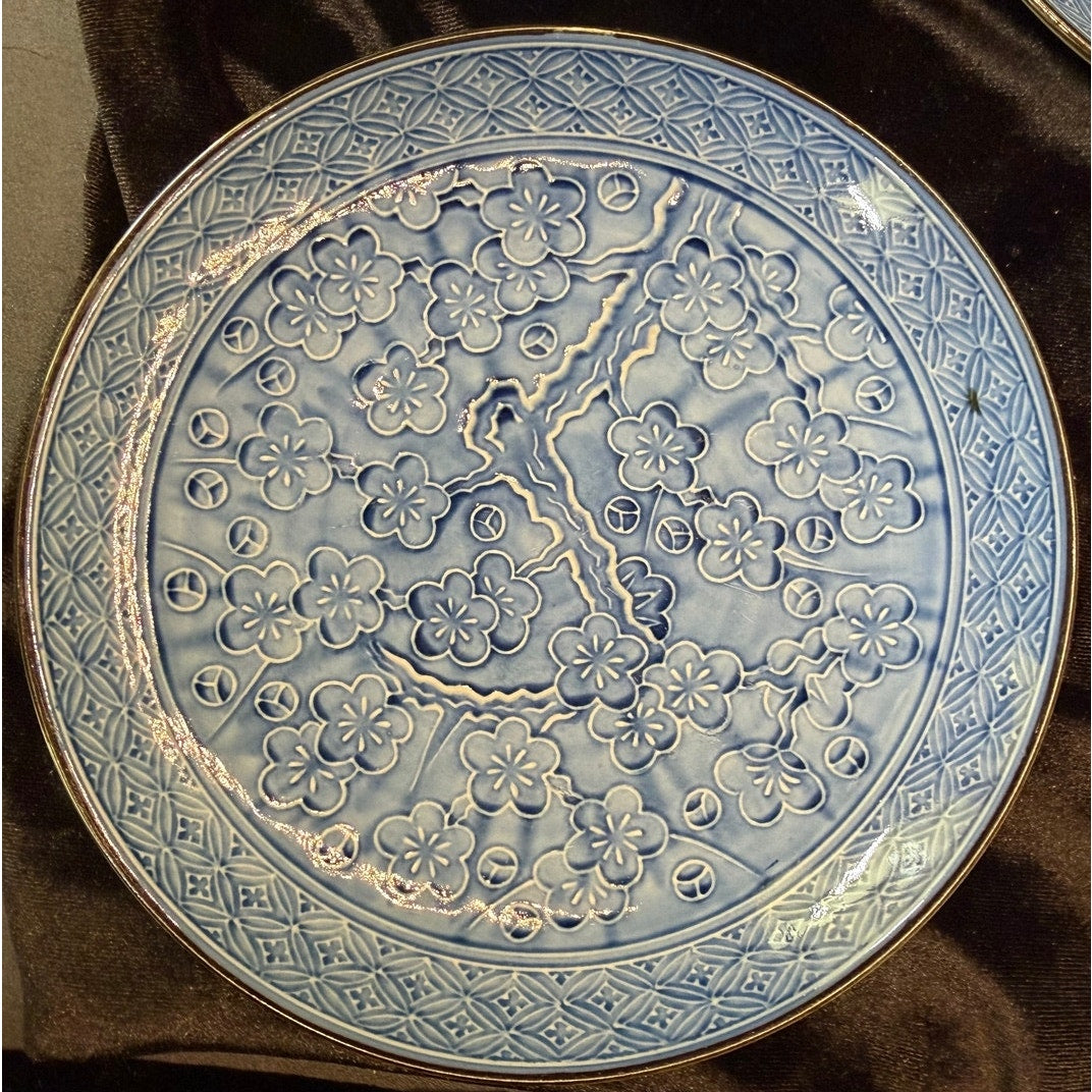 Pair of Vintage Kutani Blue Cherry Blossom Porcelain Salad Plates 7.5 Inch
