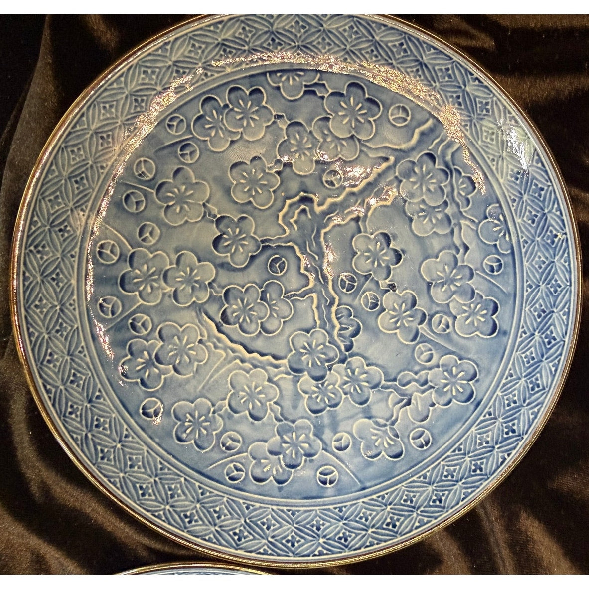 Pair of Vintage Kutani Blue Cherry Blossom Porcelain Salad Plates 7.5 Inch