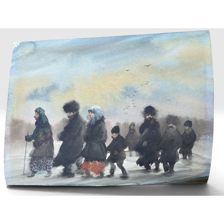 Original Watercolor Painting Russian Winter Procession Gilt Framed Folk Art – additional view 3