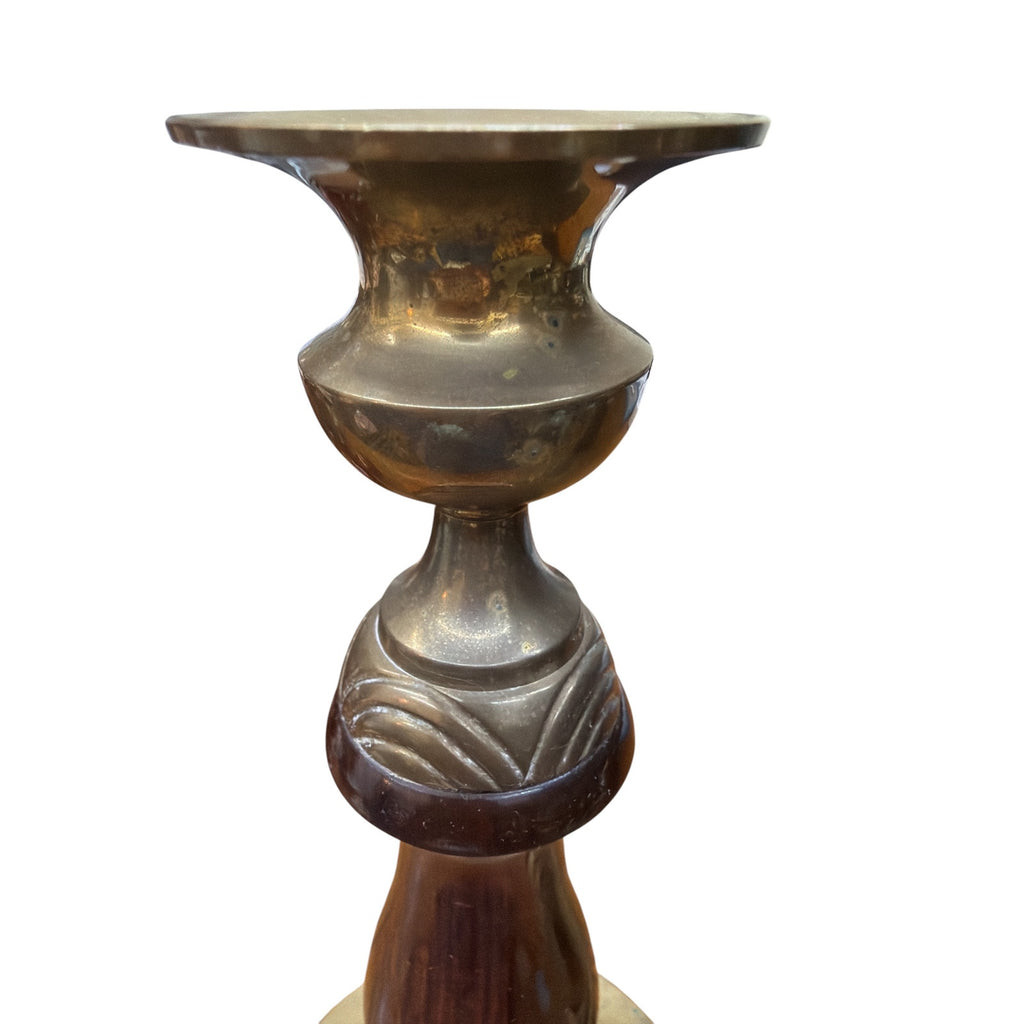 Mid Century Candlesticks Solid Brass Turned Wood 10 Inch Pair Vintage – additional view 5