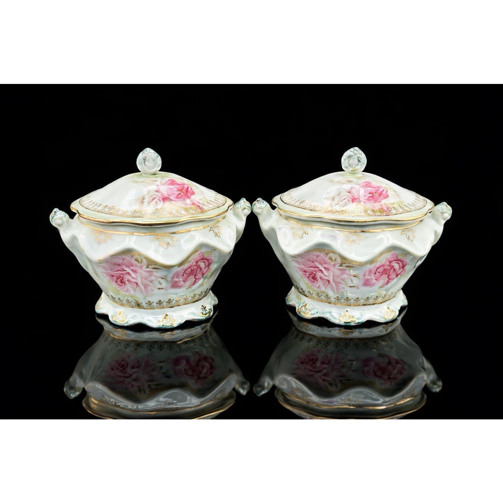 Antique Nippon Lidded Covered Bowls Pair Pink Roses Gold Trim Japan Porcelain