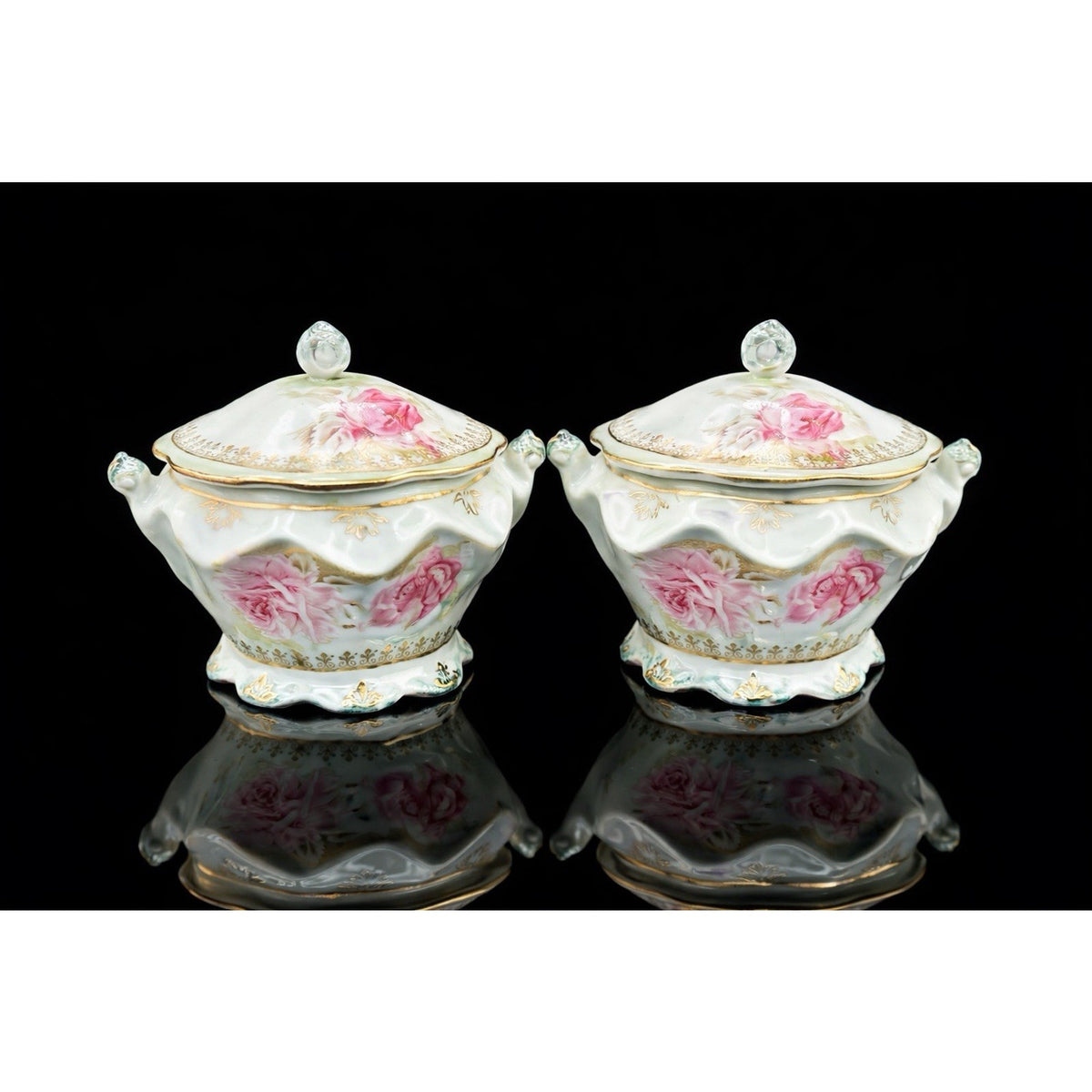 Antique Nippon Lidded Covered Bowls Pair Pink Roses Gold Trim Japan Porcelain