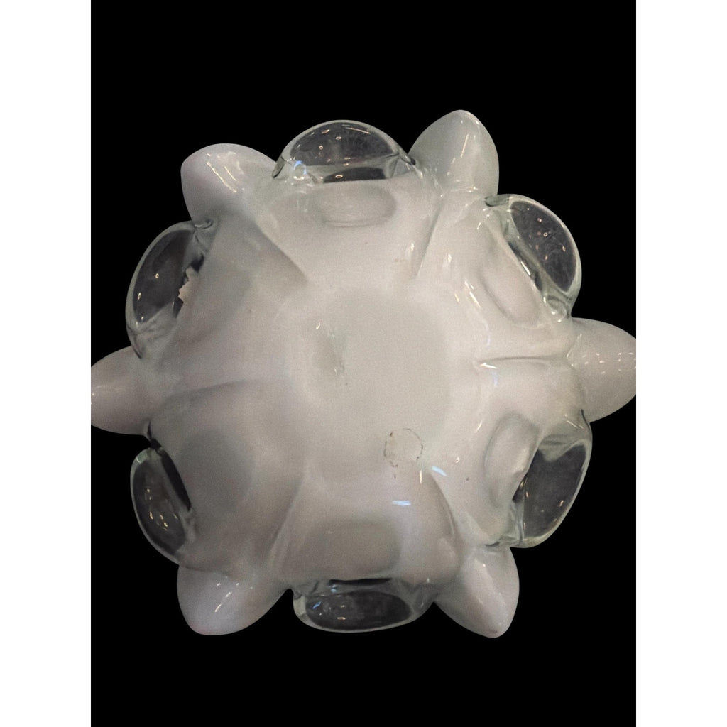 Vintage Hand Blown Art Glass Ruffled Bowl Teal White Freeform Centerpiece