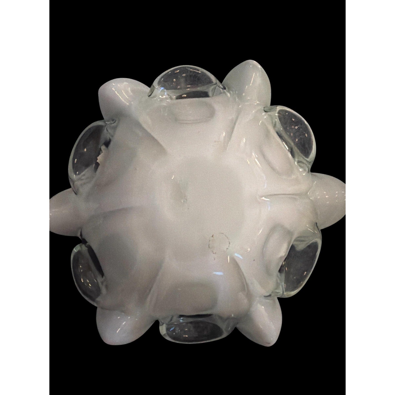 Vintage Hand Blown Art Glass Ruffled Bowl Teal White Freeform Centerpiece