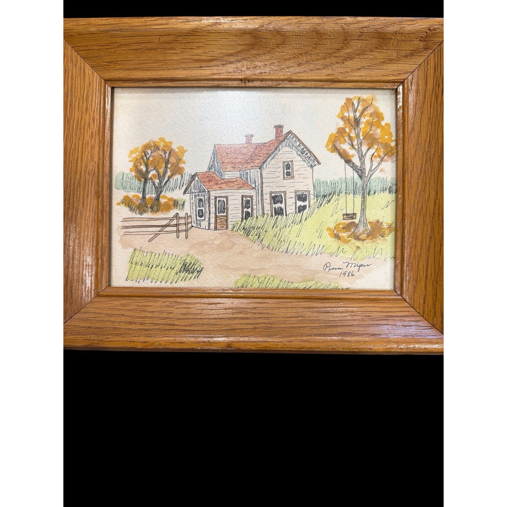 Original Watercolor Farmhouse Paintings Signed Ann Myers Pair Framed Folk Art