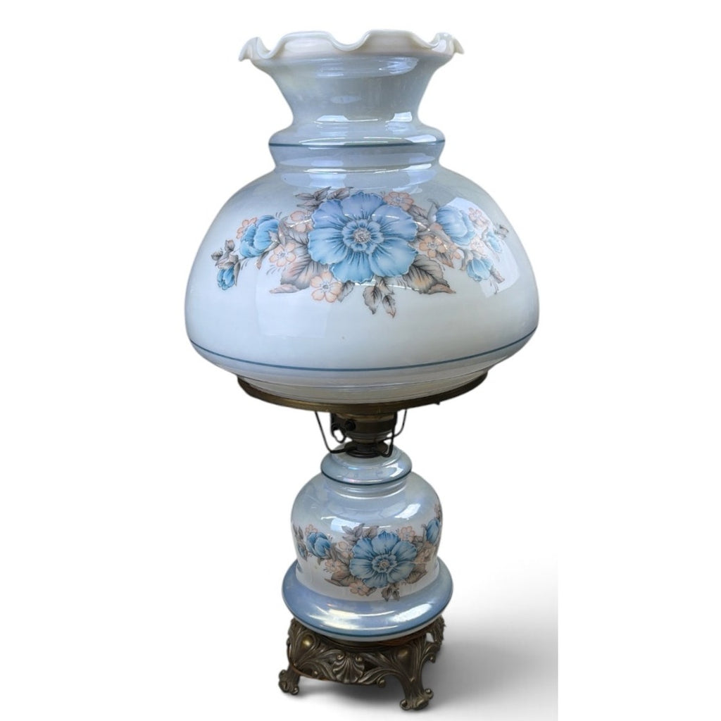 Vintage Blue Floral Hurricane Table Lamp Dual Light 27" Gone With the Wind Style