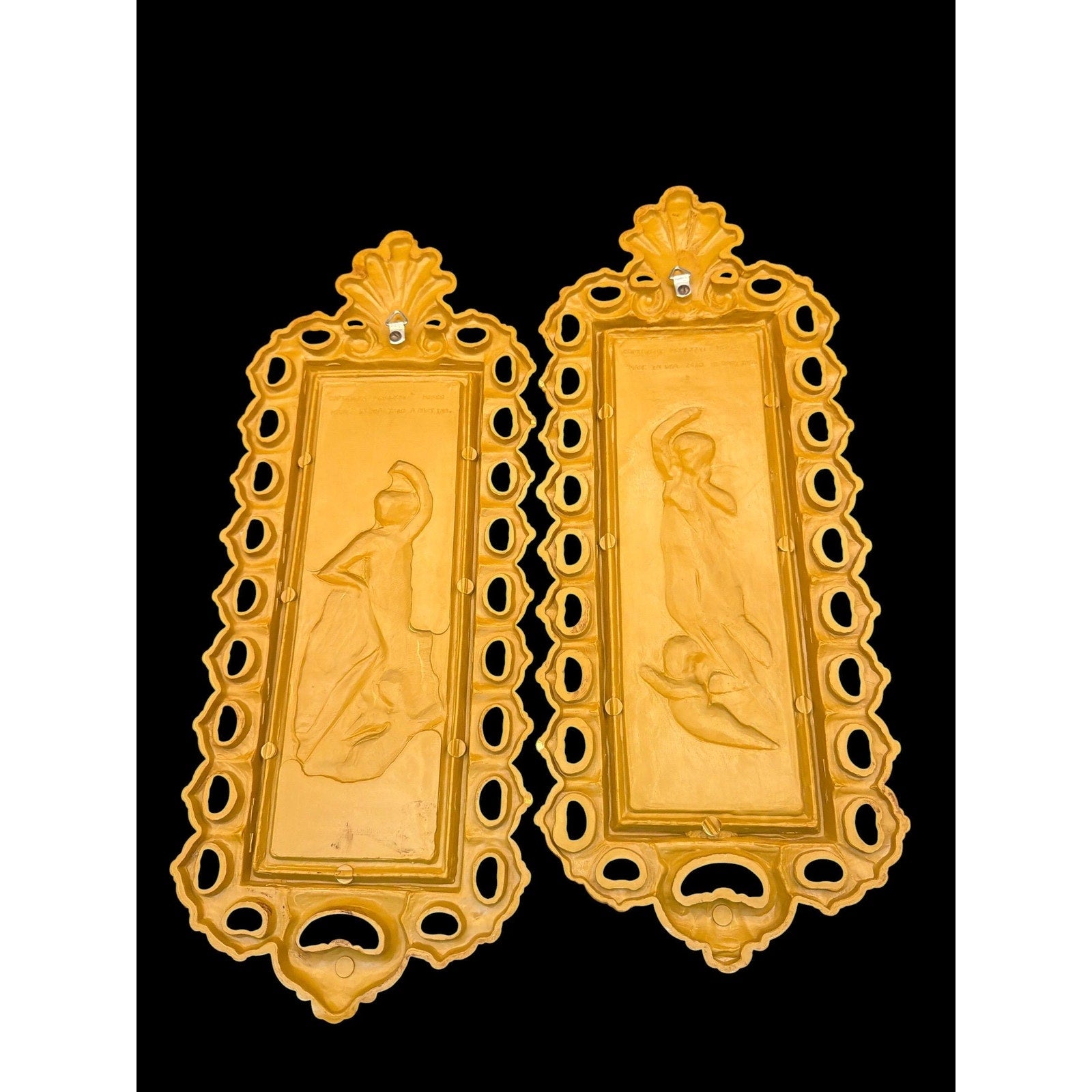 Vintage Homco Angel Cherub Wall Plaques Pair Gold Ivory Hollywood Regency Neoclassical Art