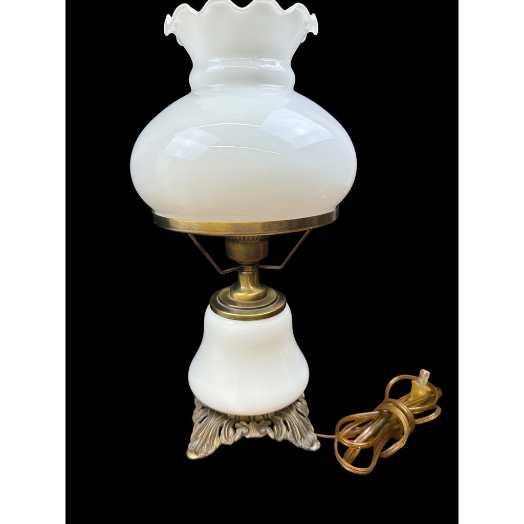 Vintage Milk Glass Hurricane Table Lamp with Floral Shade & Cast Metal Base