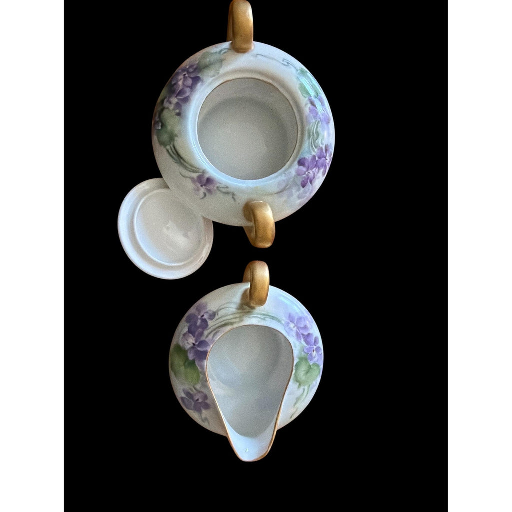 Vintage Bavaria Sugar Bowl Creamer Set: Violet Floral, Gold Handles