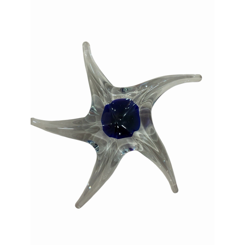 Hand Blown Art Glass Starfish Paperweight Blue Clear 7” Coastal Decor