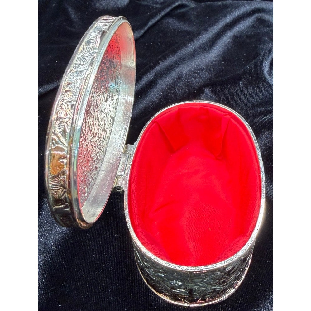 Vintage Silver Tone Jewelry Casket Red Satin Lined Oval Trinket Keepsake Box