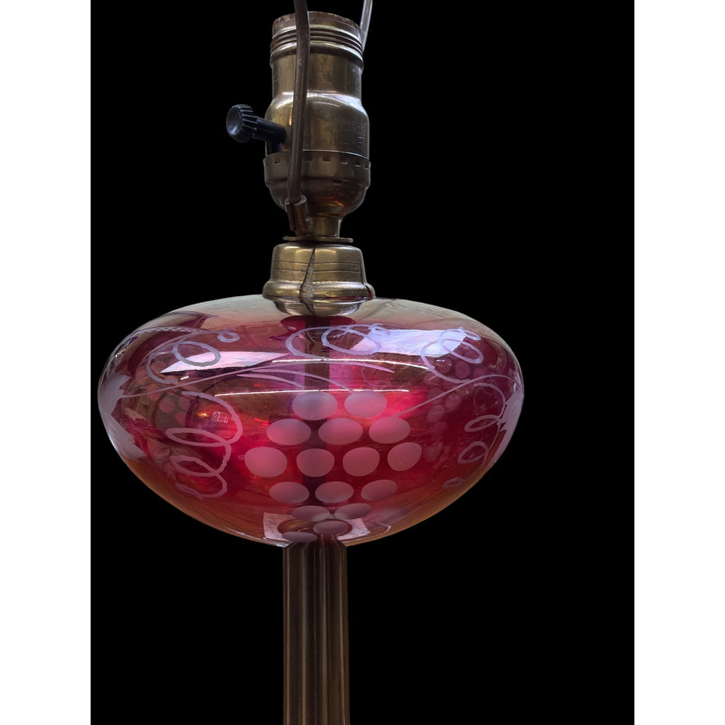 Antique Cranberry Glass Victorian Table Lamp Etched Brass Marble Base