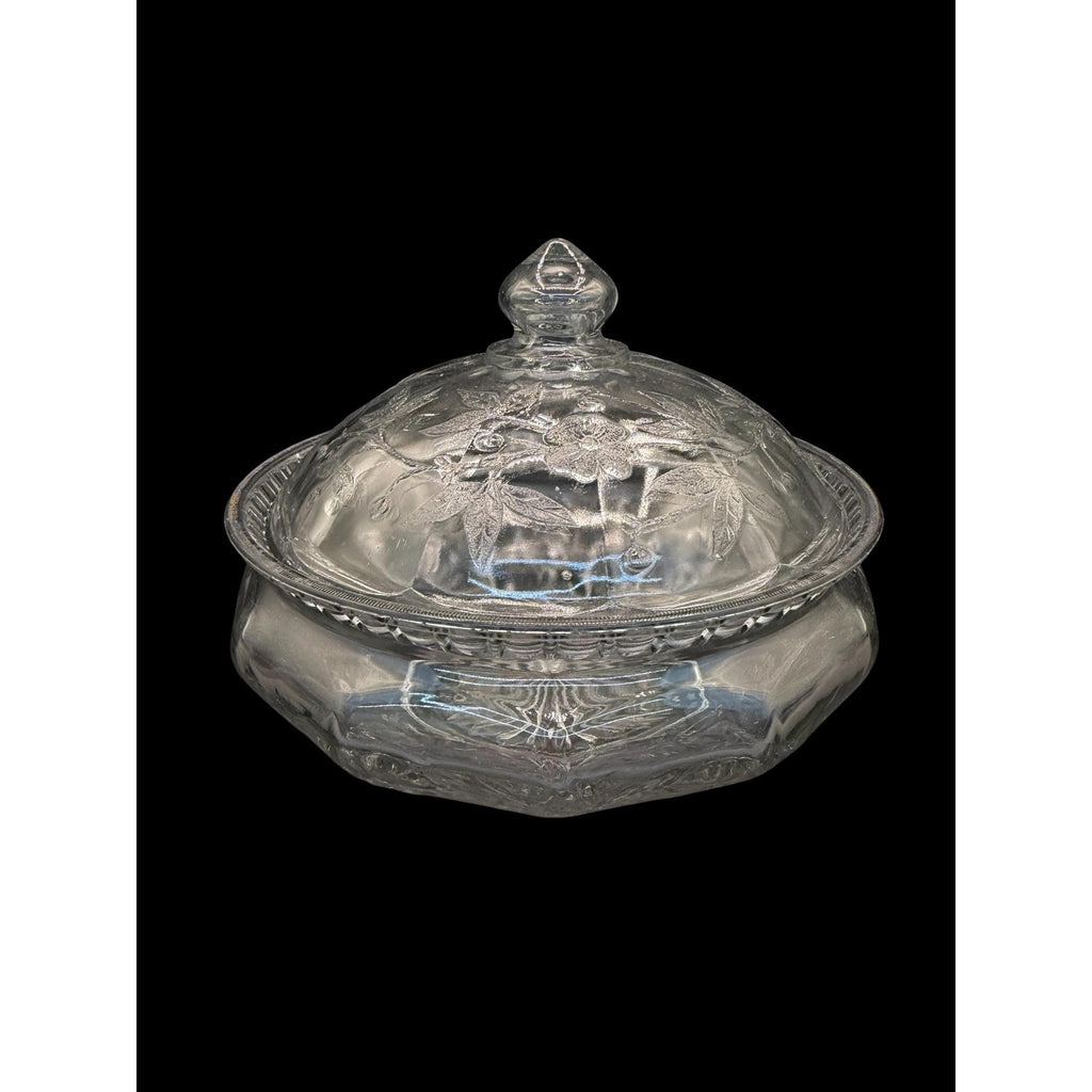 Vintage Pressed Glass Covered Candy Dish Cherry Pattern Lid Bowl 8”