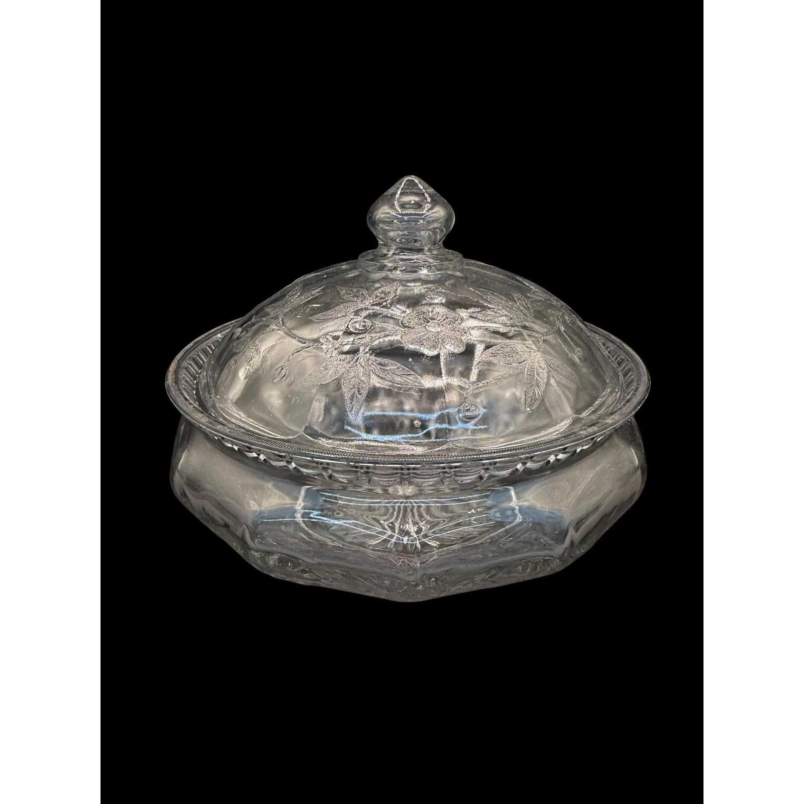 Vintage Pressed Glass Covered Candy Dish Cherry Pattern Lid Bowl 8”