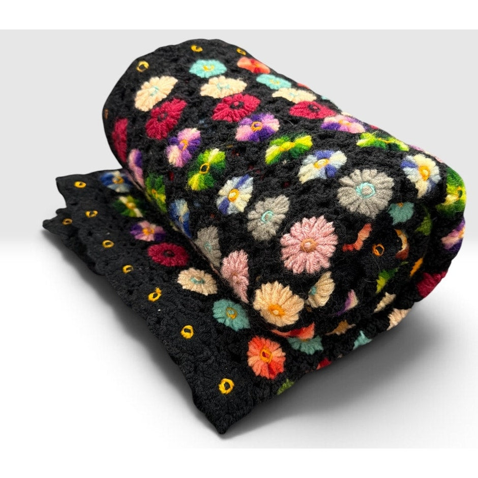 Vintage Wool Crochet Afghan Black Multicolor Miniature Flower Blanket 53 x 45 – additional view 3