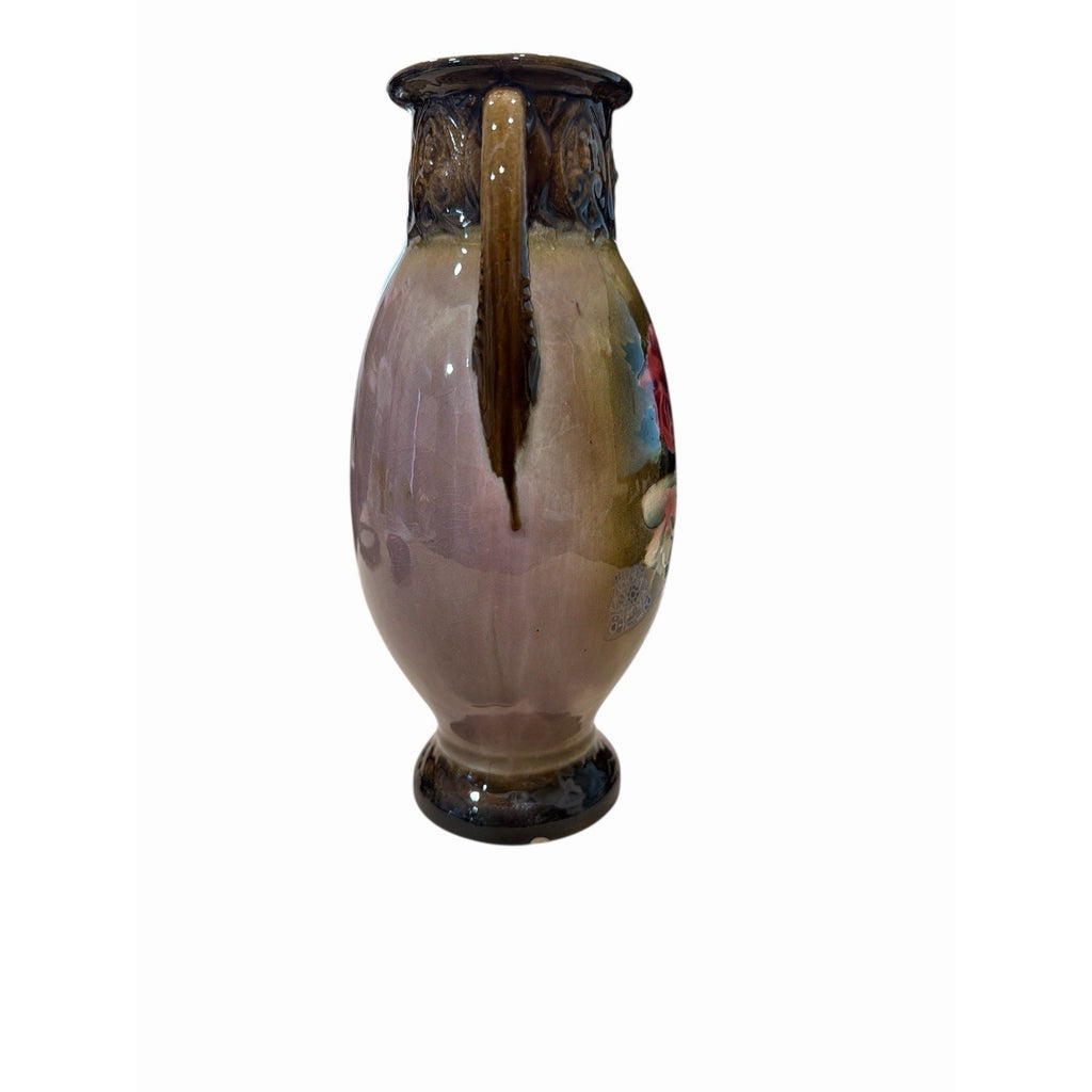 Vintage Belgian Pottery Rose Vase Double Handles Brown Glaze 8.5 Inch