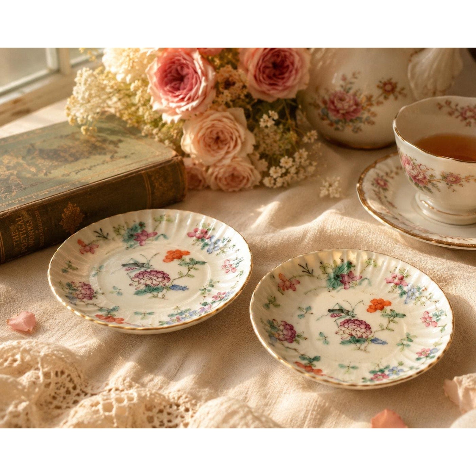 Vintage Chinoiserie Porcelain Bowls Pair Floral Cricket Trinket Dishes