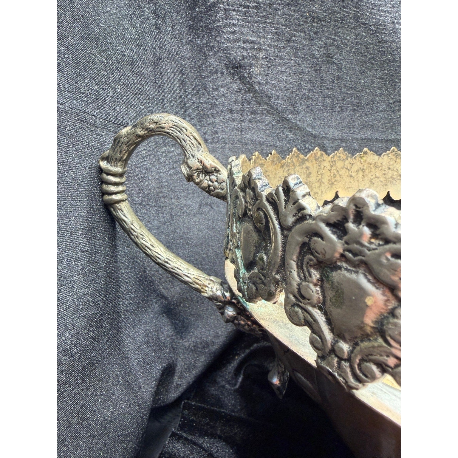 Large Victorian Revival Silver Tone Centerpiece Bowl Grapevine Handles