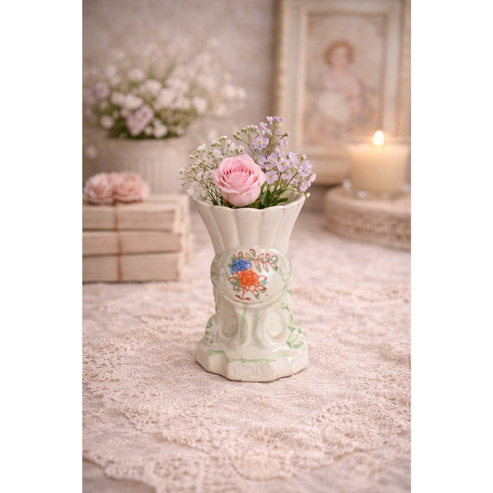 Vintage Japan Hand Painted Ceramic Bud Vase Raised Floral Cottage Decor