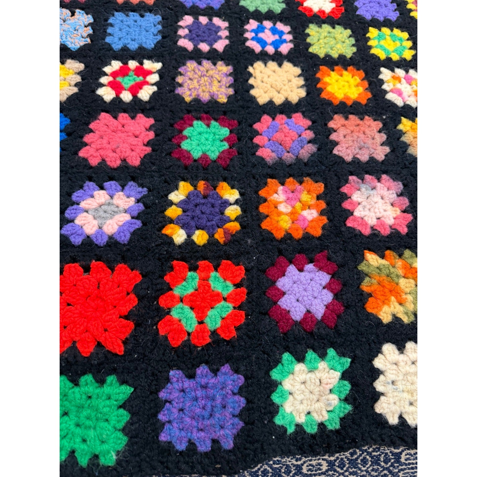 Vintage Handmade Granny Square Afghan Throw Black Crochet Blanket 78 x 52