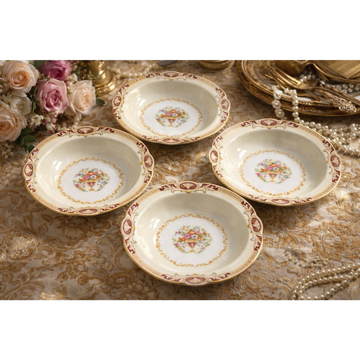 1930s Noritake Berry Bowls Set of 4 Burgundy Gold Floral Pre-WWII Japan