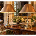 Pair of Vintage Ornate Metal Table Lamps Bronze Brass Patina Silk Shades 30"