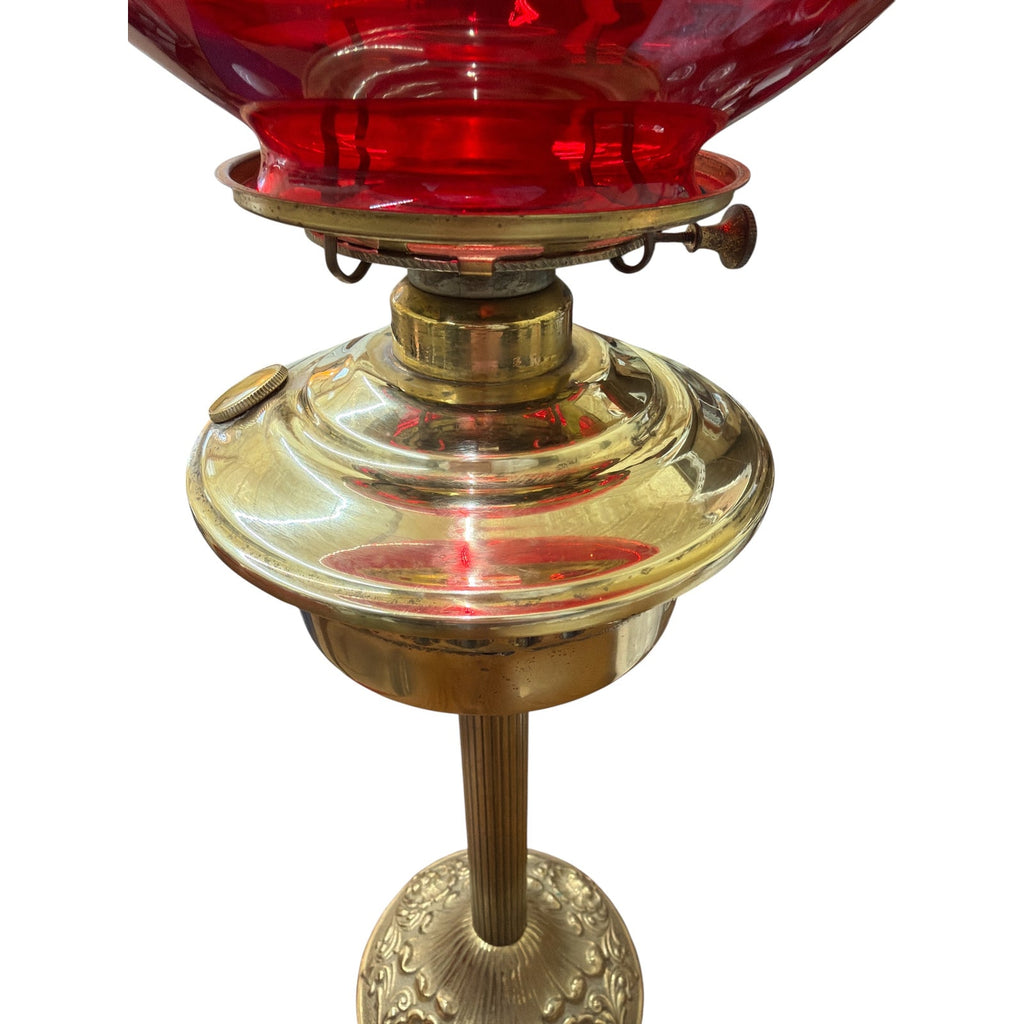Antique Brass Electric Table Lamp with Ruby Red Glass Globe