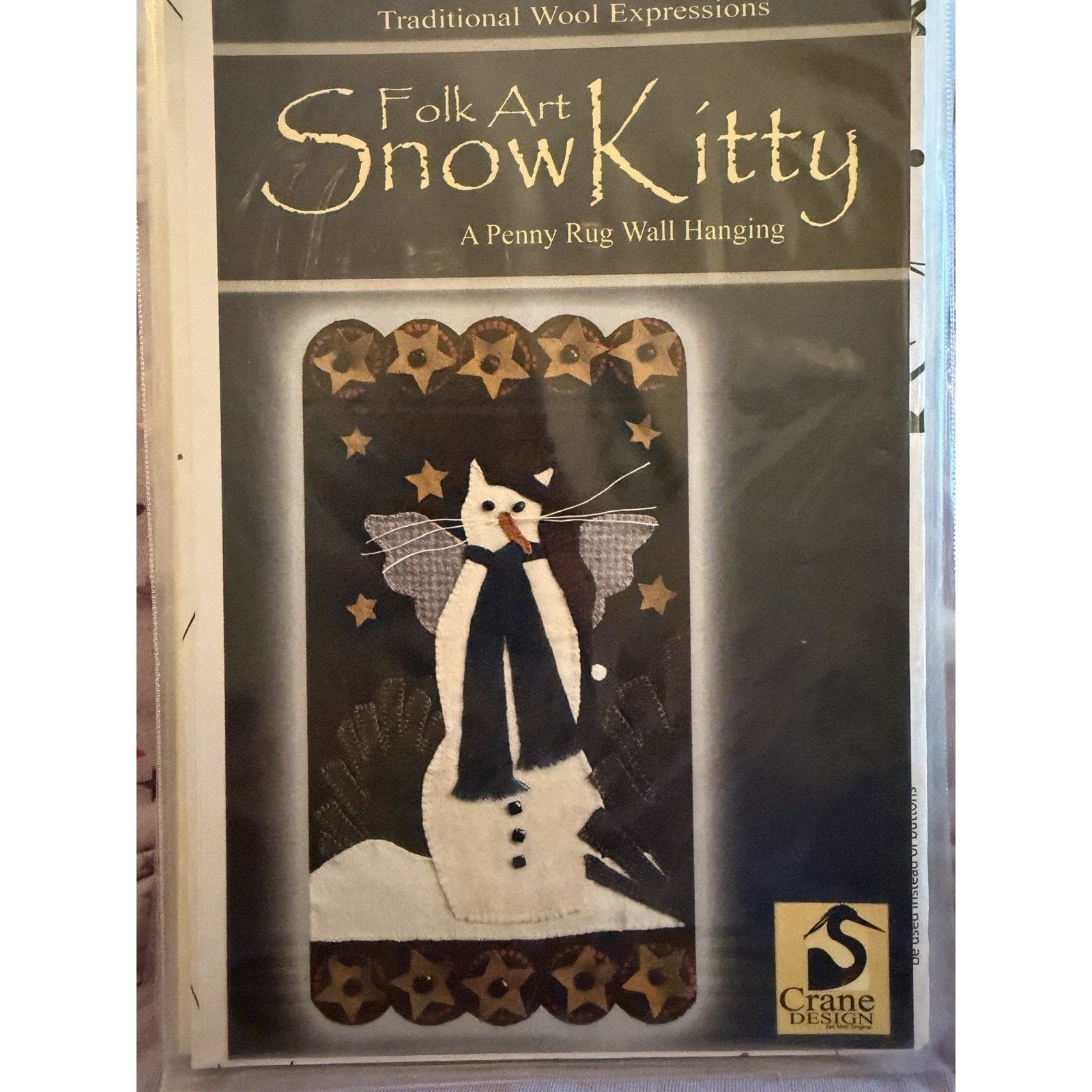 Folk Art SnowKitty Wool Applique Penny Rug Pattern Crane Design