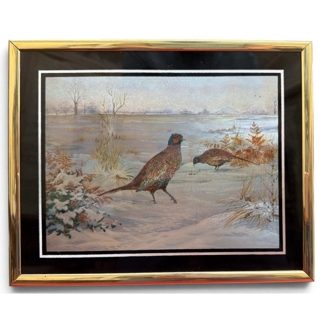 Vintage Foil Art Pheasant Picture Iridescent Winter Scene Gold Frame 8x10