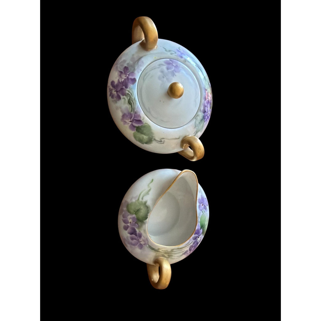 Vintage Bavaria Sugar Bowl Creamer Set: Violet Floral, Gold Handles