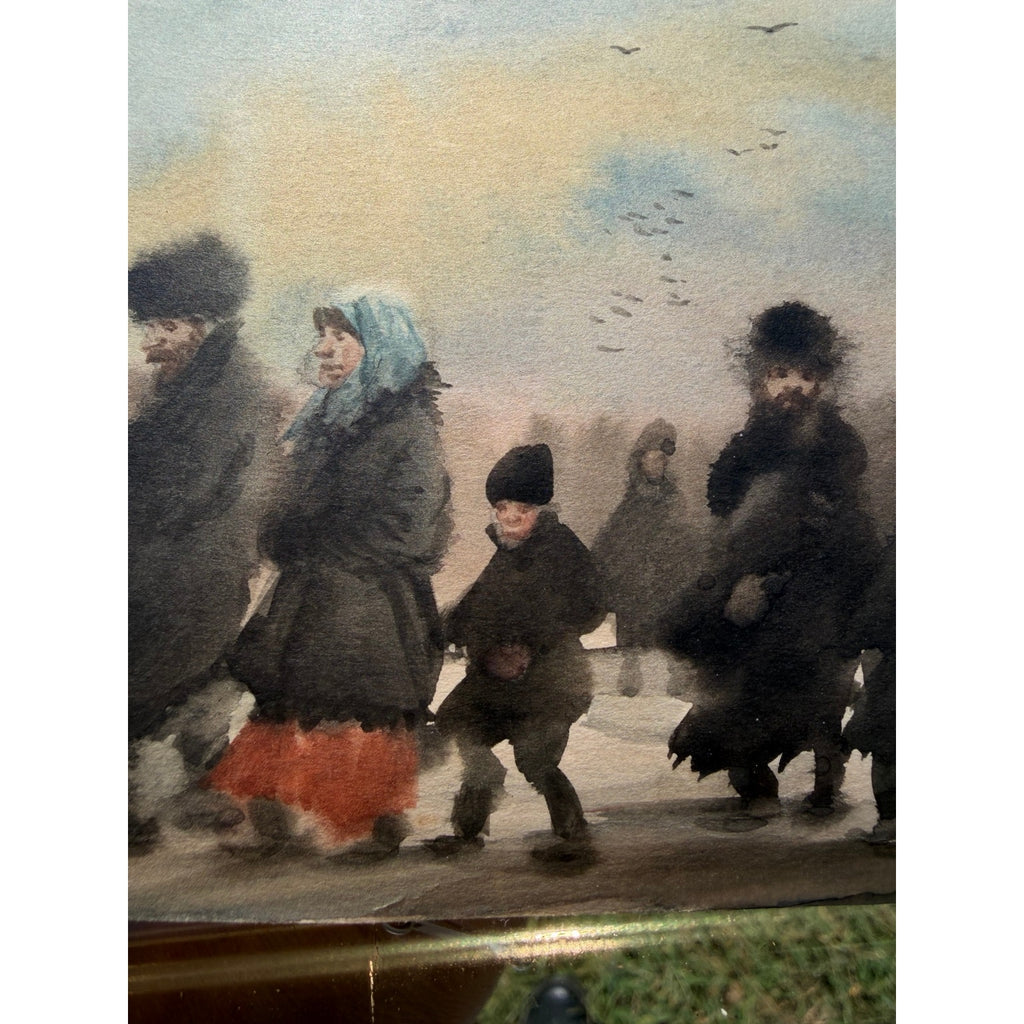 Original Watercolor Painting Russian Winter Procession Gilt Framed Folk Art – additional view 14