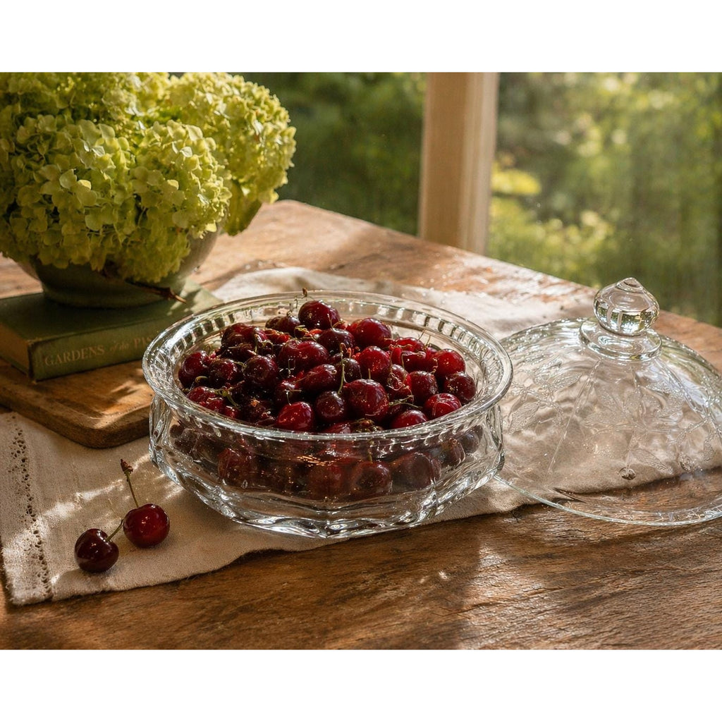 Vintage Pressed Glass Covered Candy Dish Cherry Pattern Lid Bowl 8”