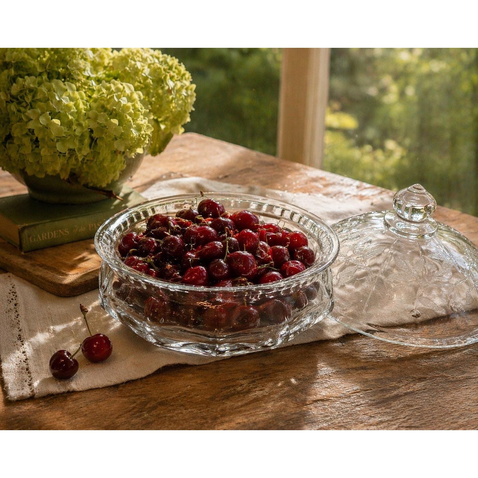 Vintage Pressed Glass Covered Candy Dish Cherry Pattern Lid Bowl 8”