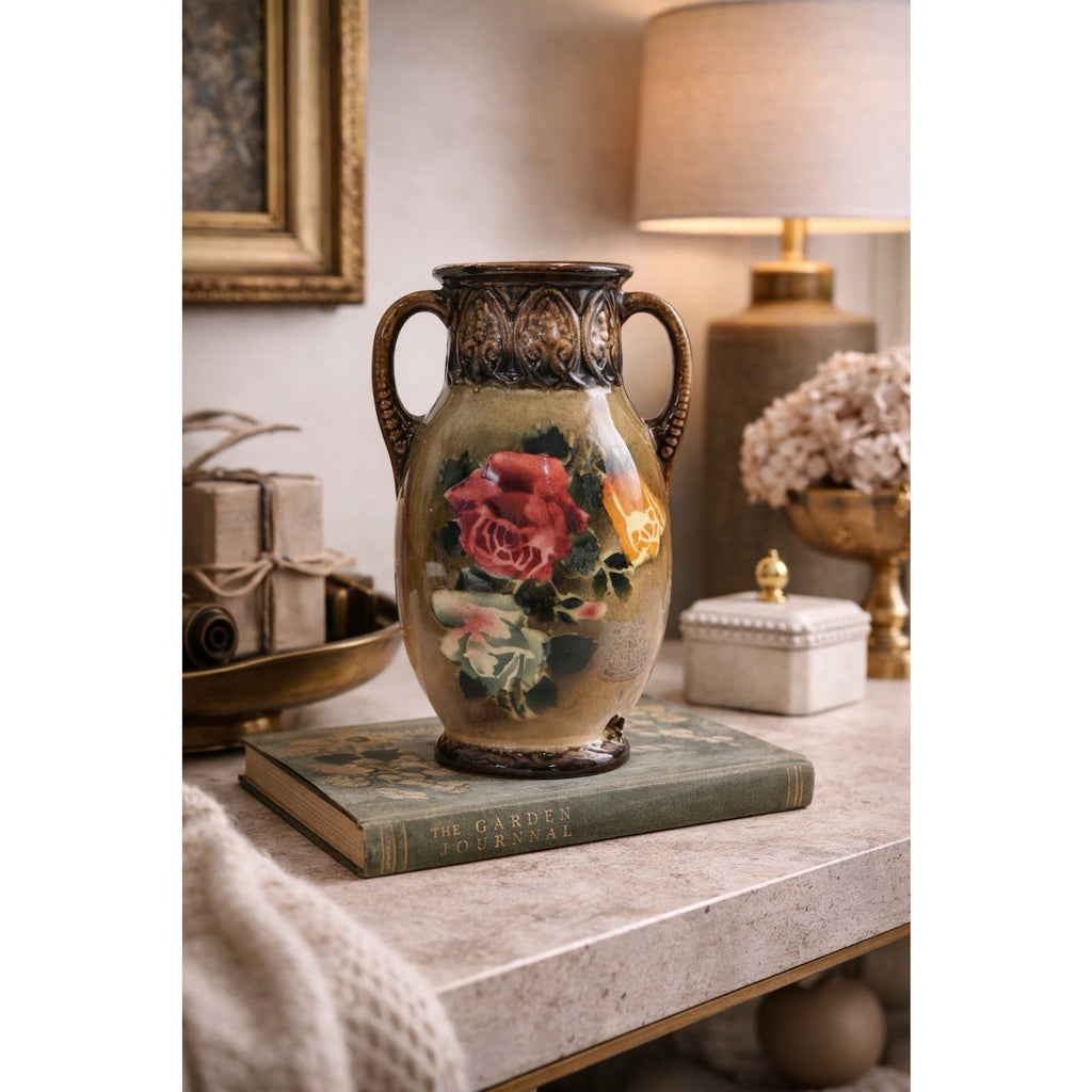 Vintage Belgian Pottery Rose Vase Double Handles Brown Glaze 8.5 Inch