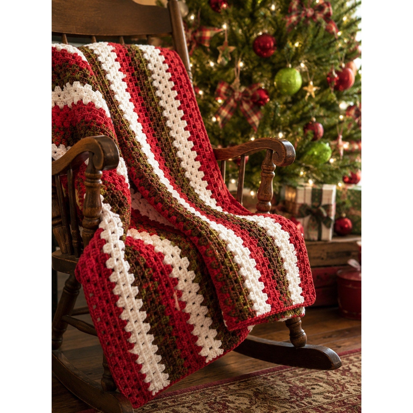 Vintage Handmade Crochet Afghan Throw Red Cream Green Farmhouse Blanket