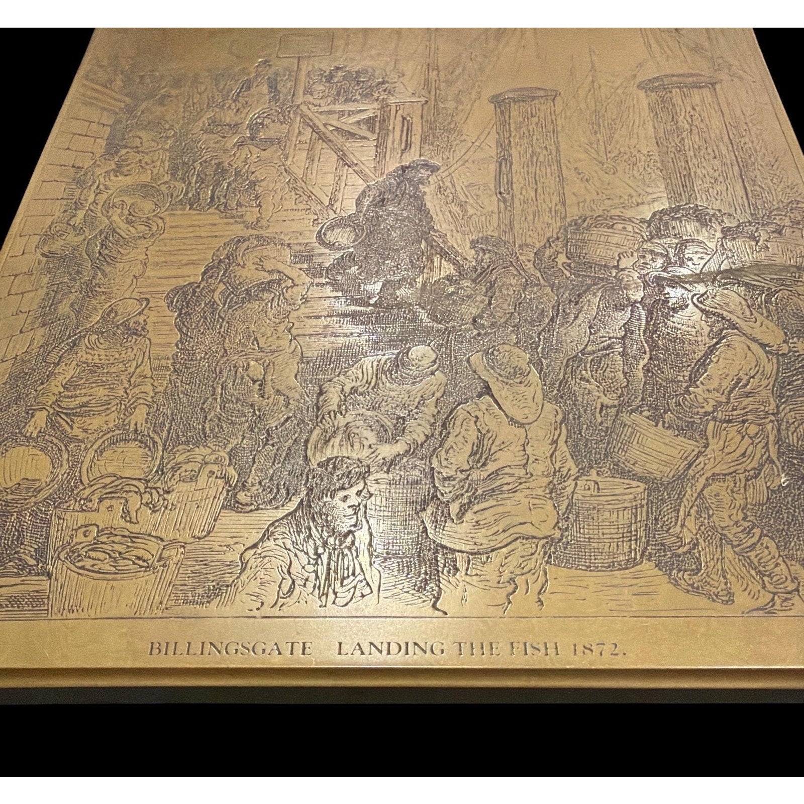 Victorian Brass Engraved Plaque Billingsgate Fish Market 1872 Wall Art