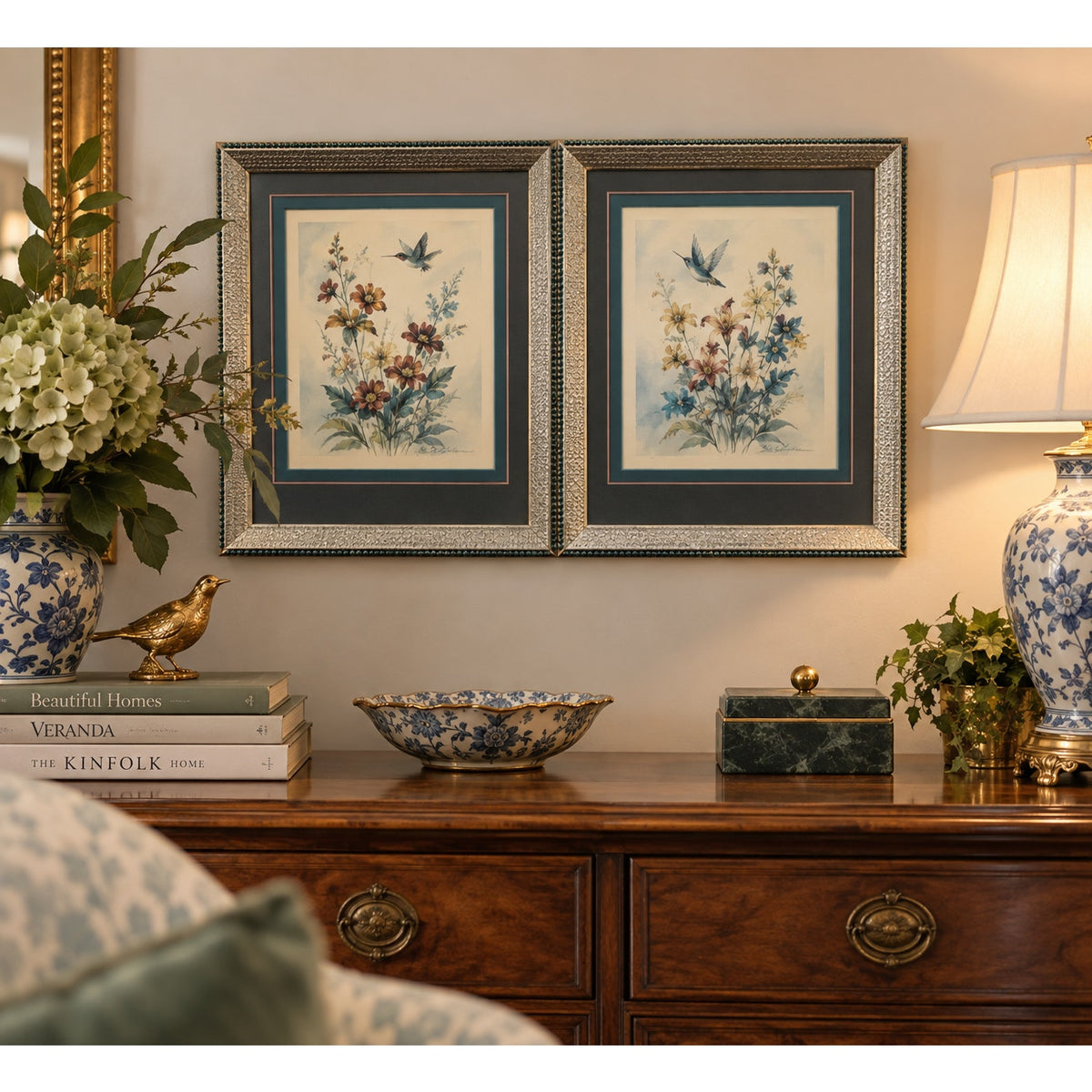 Vintage Hummingbird Wall Art Pair Framed Floral Botanical Prints Cottage Decor