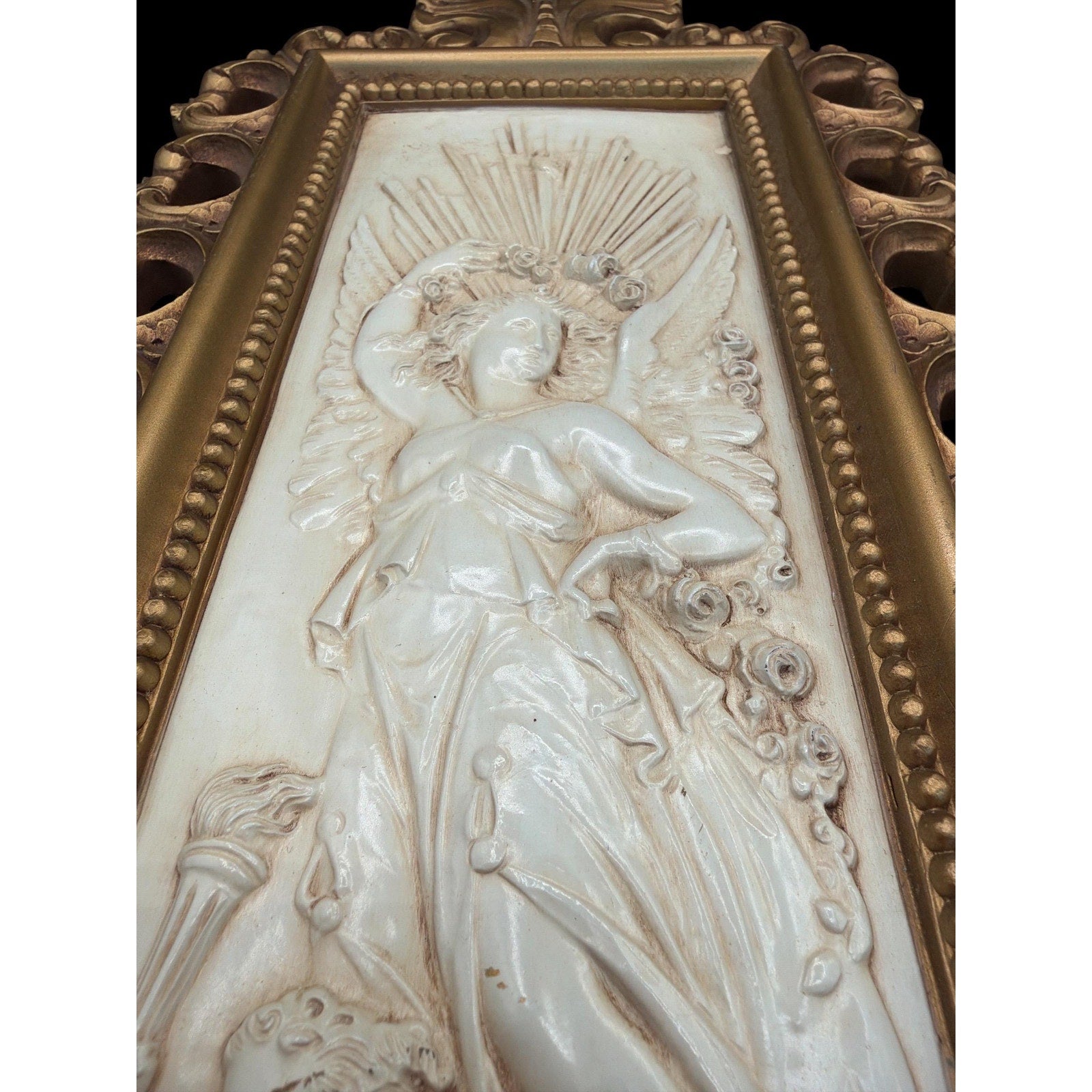 Vintage Homco Angel Cherub Wall Plaques Pair Gold Ivory Hollywood Regency Neoclassical Art