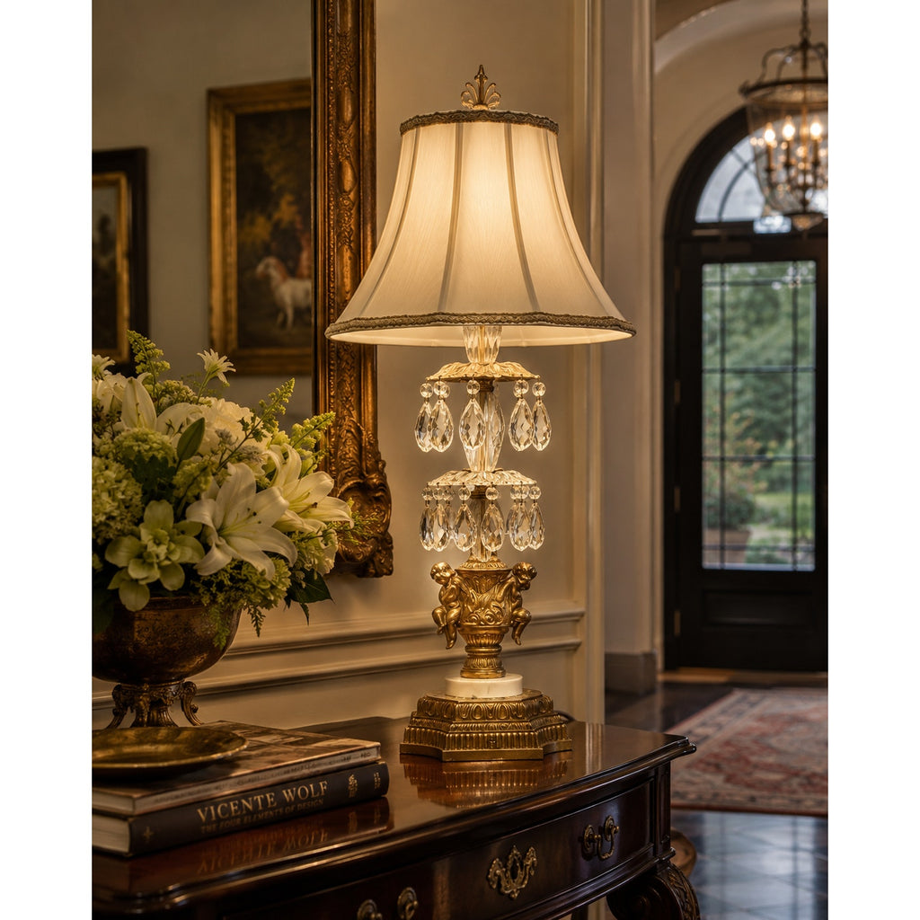 Vintage Hollywood Regency Crystal Cherub Table Lamp ACCO Gold Gilt
