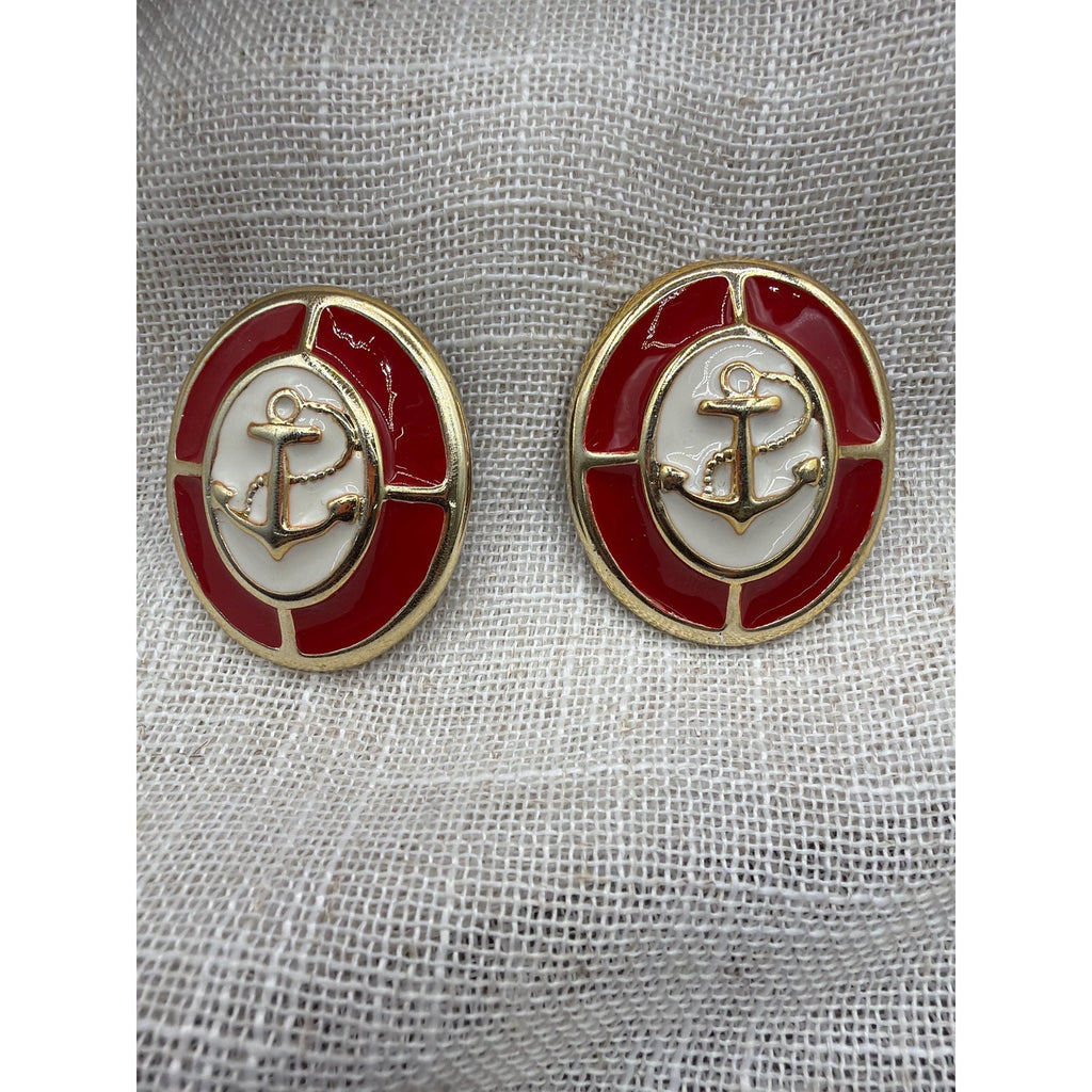 Vintage Nautical Anchor Earrings: Red Enamel Gold Clip-On Statement Coastal
