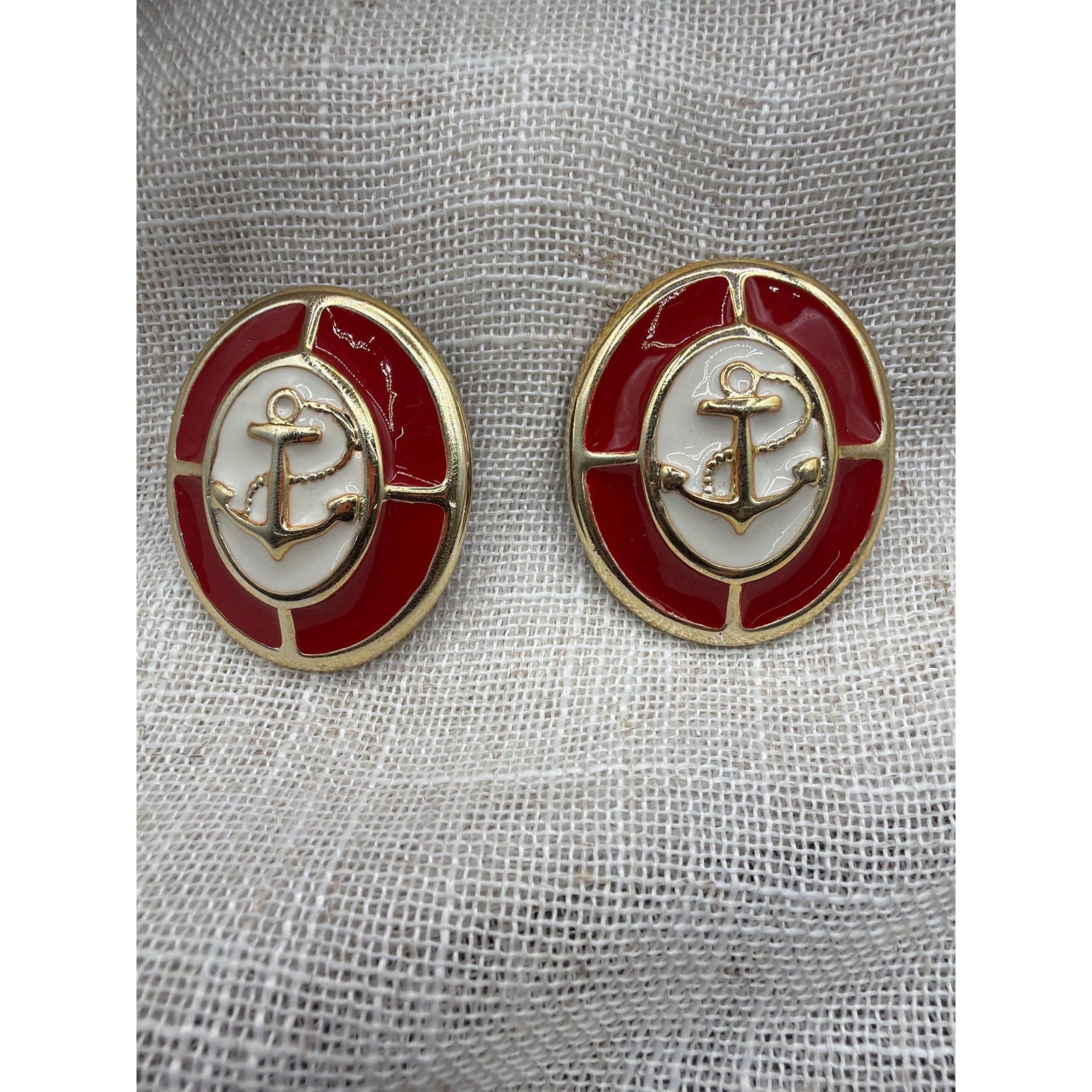 Vintage Nautical Anchor Earrings: Red Enamel Gold Clip-On Statement Coastal