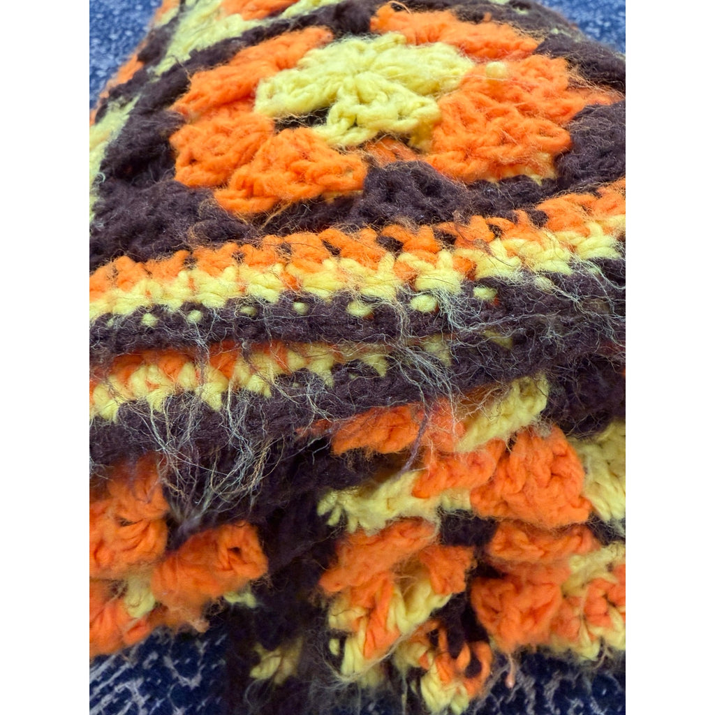 Vintage 1970s Granny Square Afghan Orange Brown Yellow Crochet 72 x 52