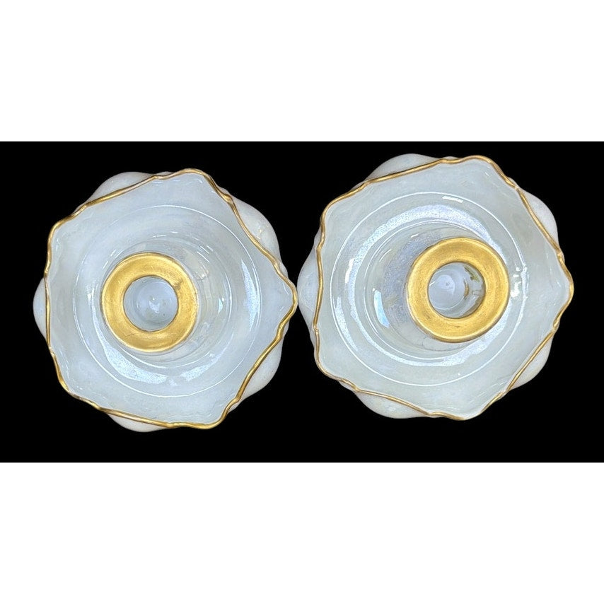 Antique RS Germany Mother of Pearl Glaze Candlesticks Pair Gold Gilt Porcelain