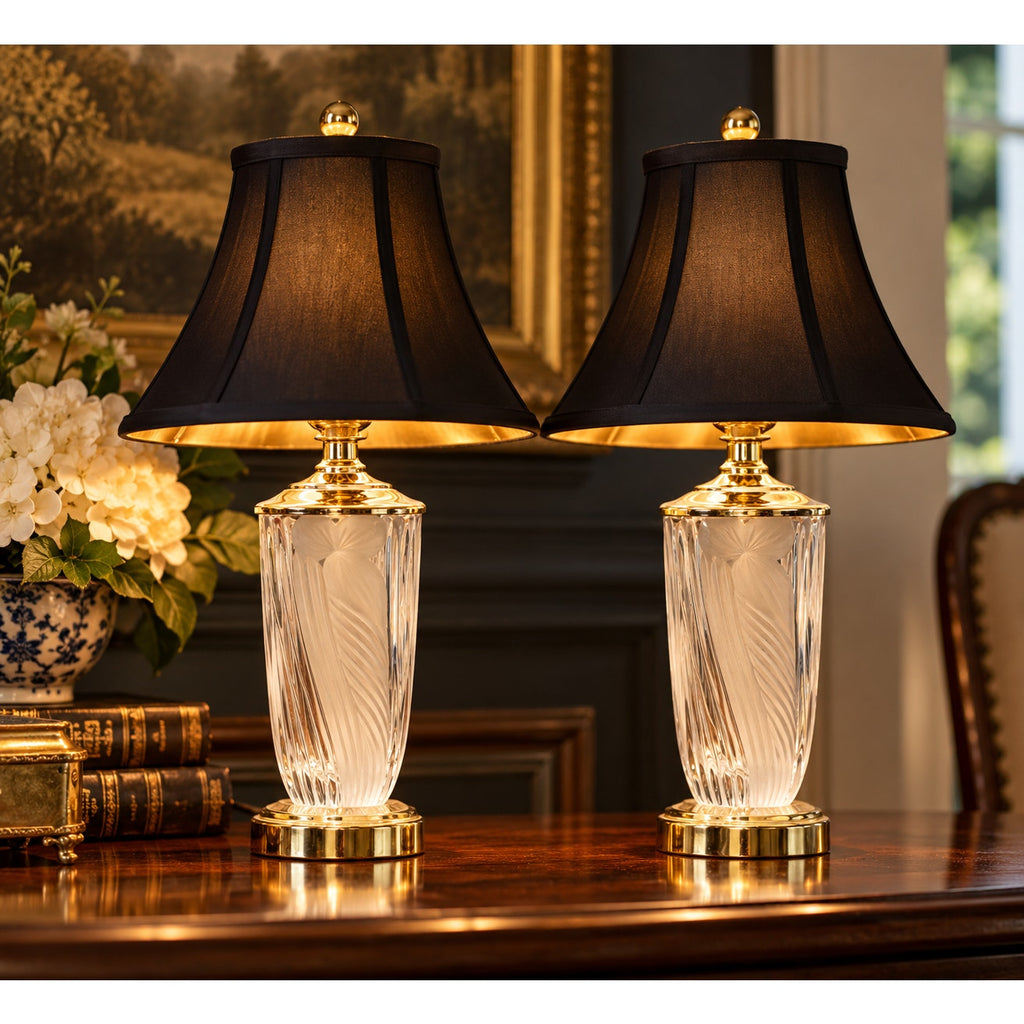 Anna Hütte German Lead Crystal Lamps Pair Hand Cut 24% PbO NOS Vintage