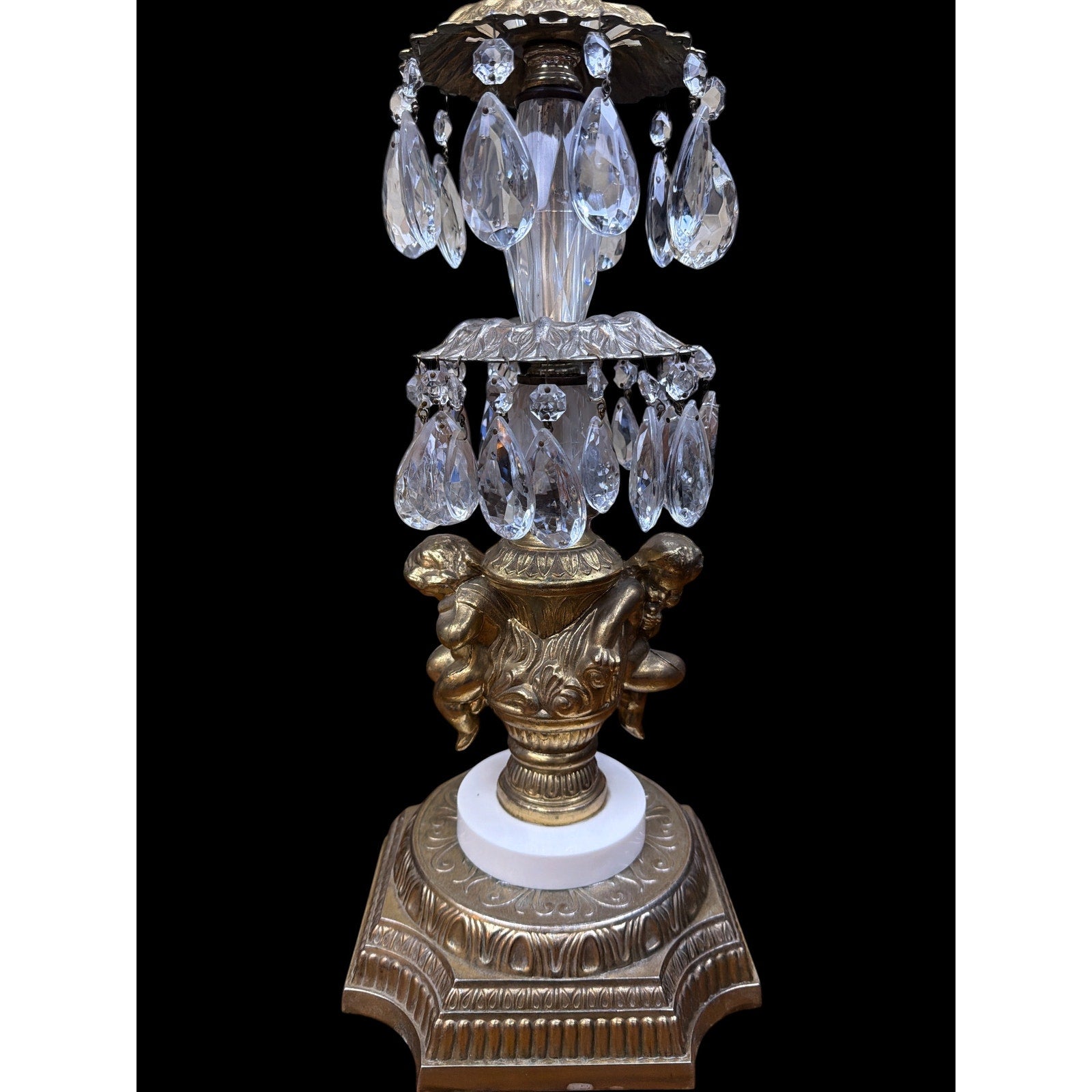 Vintage Hollywood Regency Crystal Cherub Table Lamp ACCO Gold Gilt
