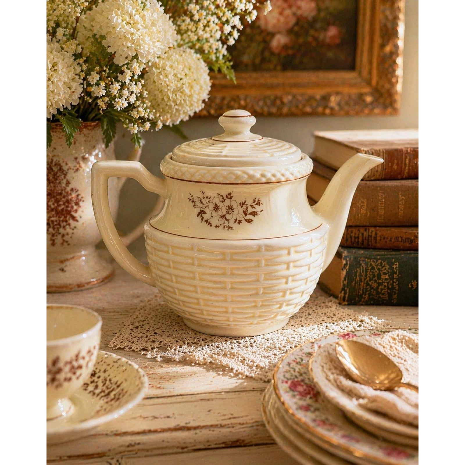 Vintage Porcelier Teapot: Ivory Basket Weave Floral China Display Piece