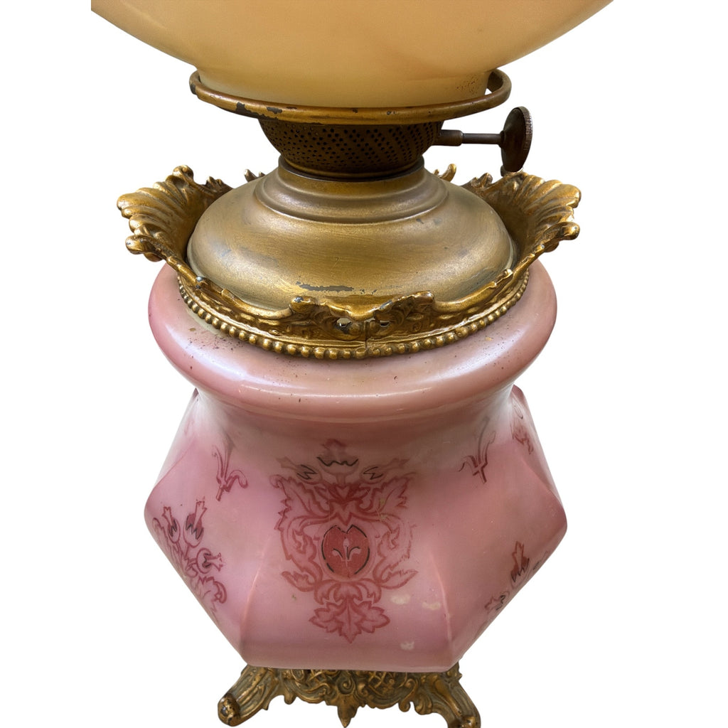 Antique Banquet Oil Lamp Pink Satin Glass Success Burner Floral Globe