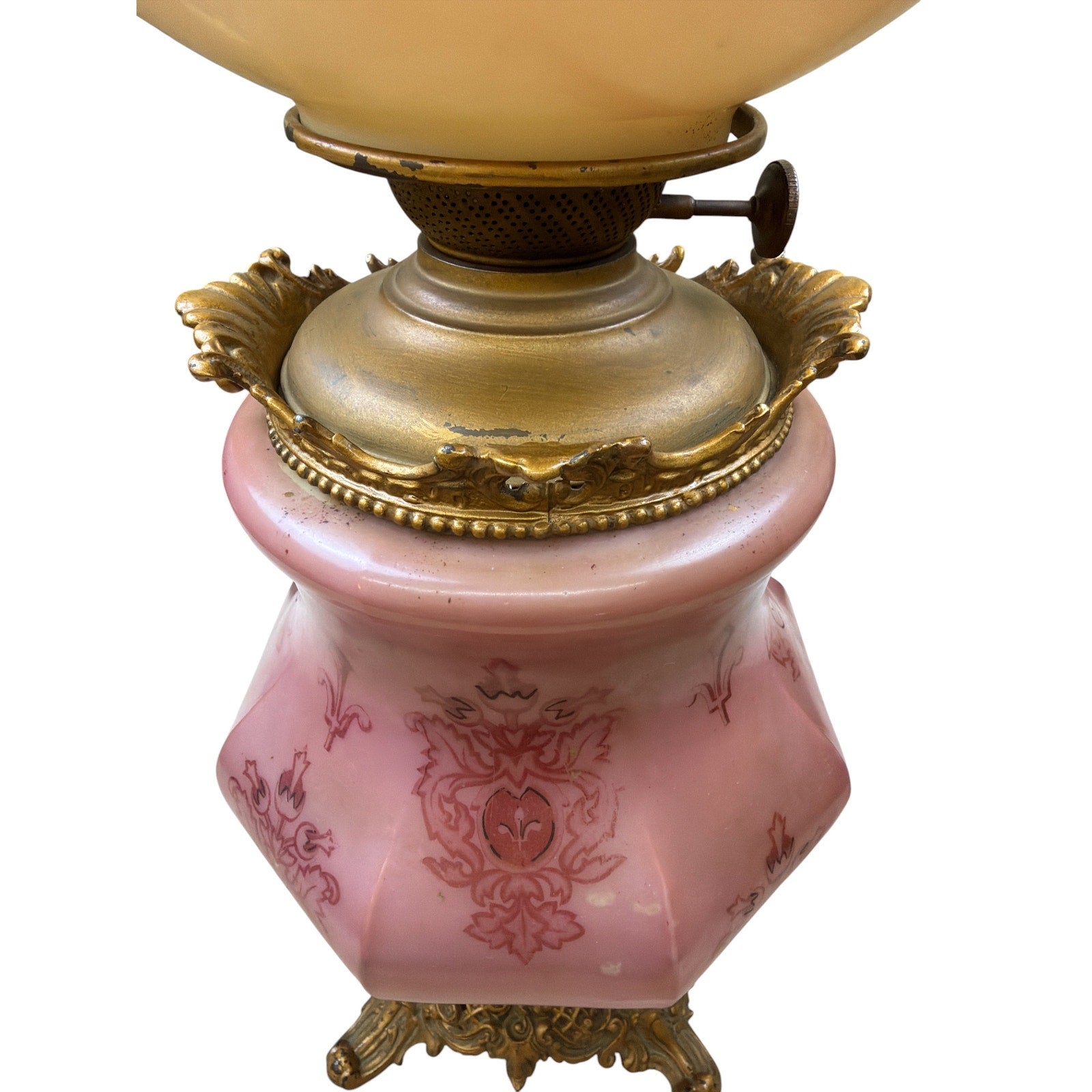 Antique Banquet Oil Lamp Pink Satin Glass Success Burner Floral Globe