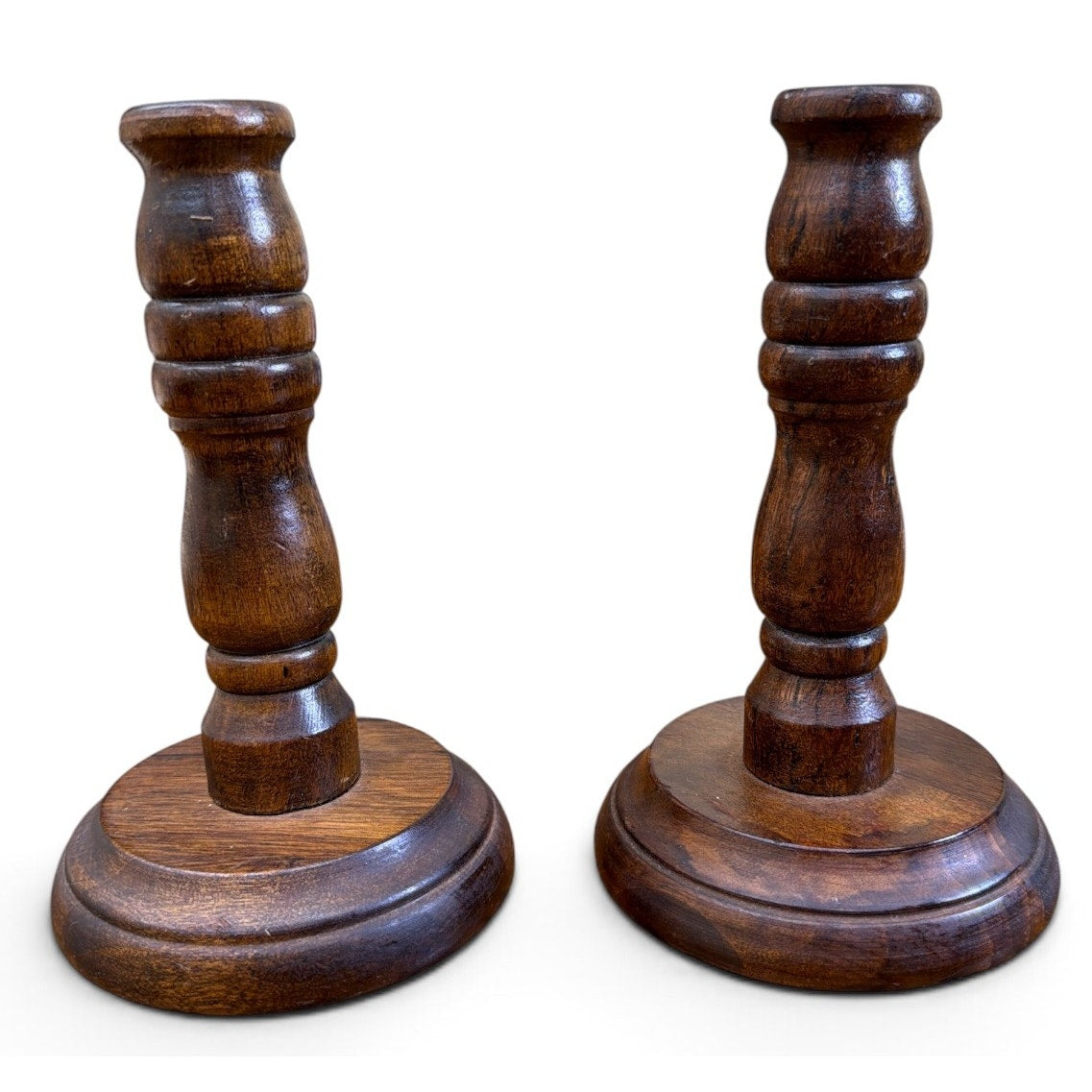 Vintage Turned Wood Candlesticks Pair Primitive Early American 7 Inch – additional view 2