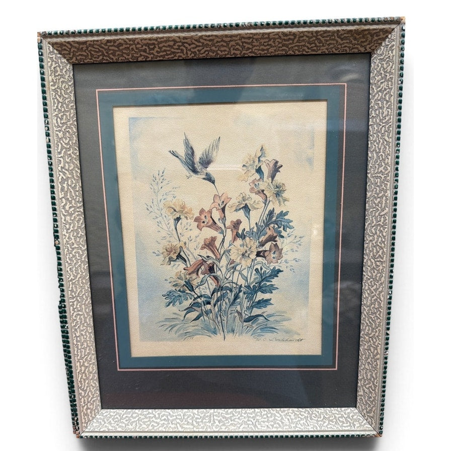 Vintage Hummingbird Wall Art Pair Framed Floral Botanical Prints Cottage Decor